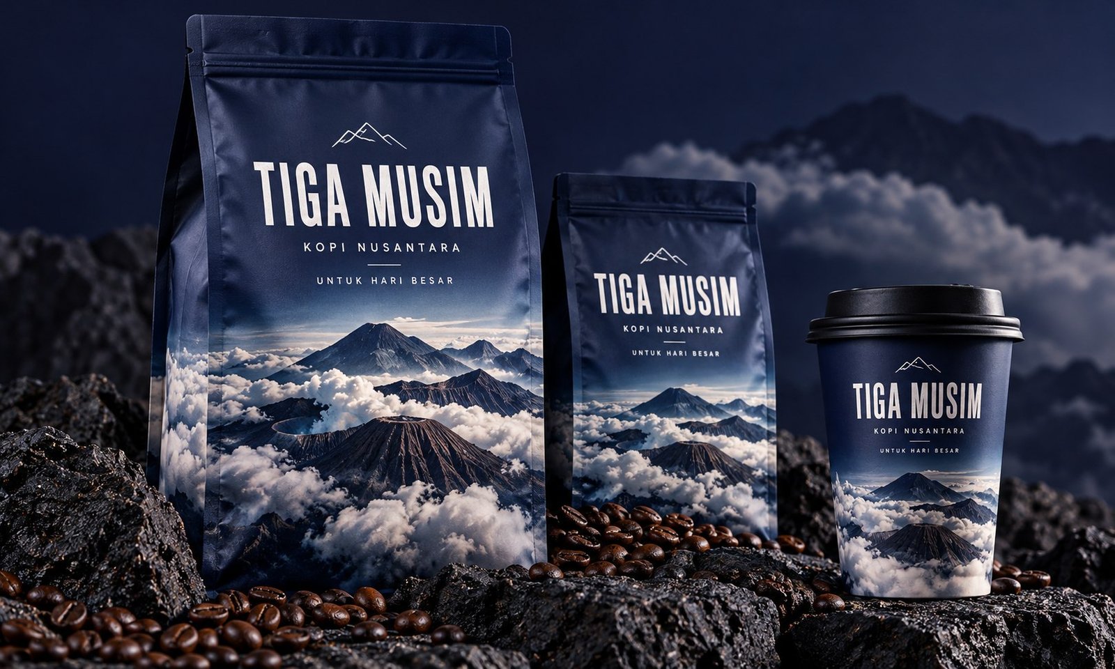 Kemasan kopi Tiga Musim dengan ilustrasi pegunungan