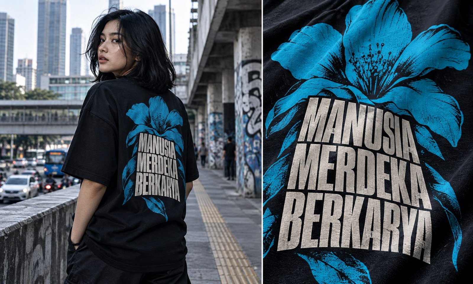 Foto editorial streetwear dengan grafis bunga cyan